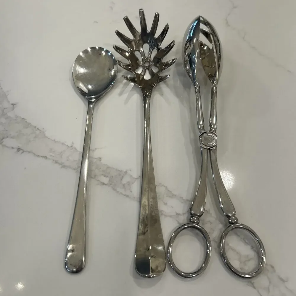 International Silver Silver Plated Set of 3 Serving Spoons‎ Salad Tongs